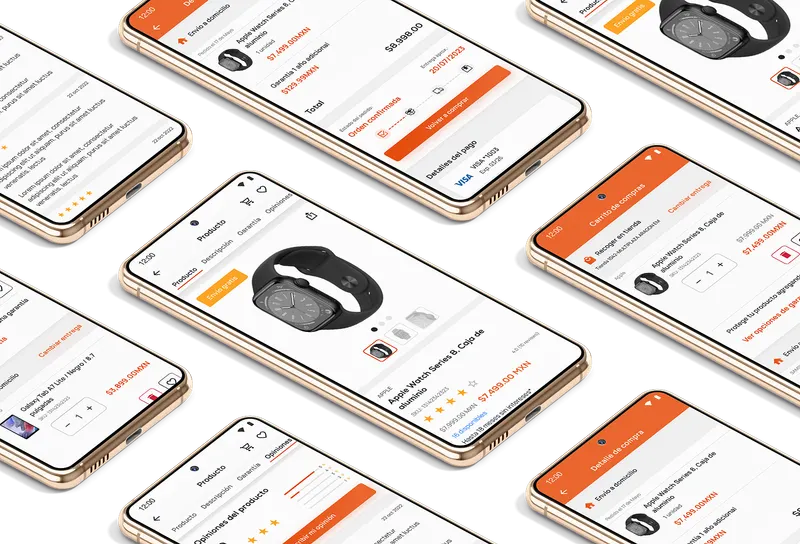 Pantallas de producto, carrito y pago de la app