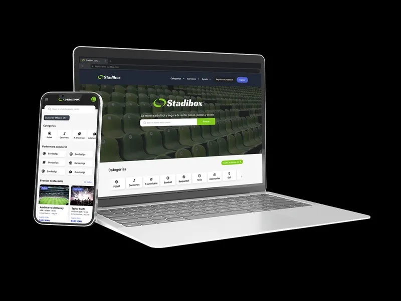 Página de inicio del marketplace en laptop y teléfono