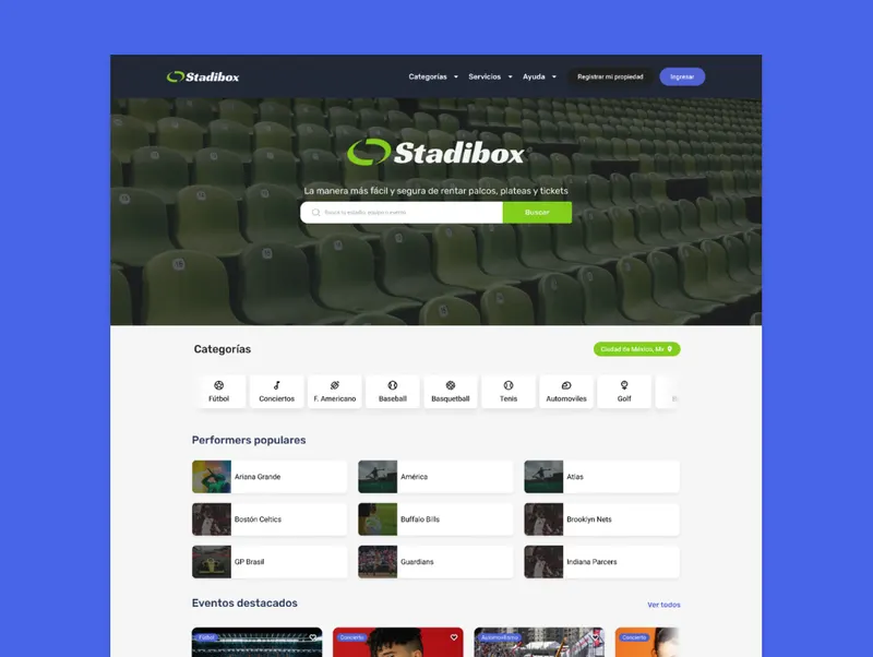 Inicio con buscador de eventos y categorías