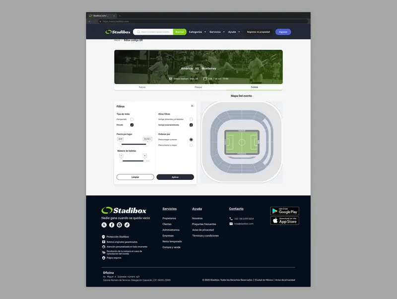 Selección de lugares sobre el mapa del estadio